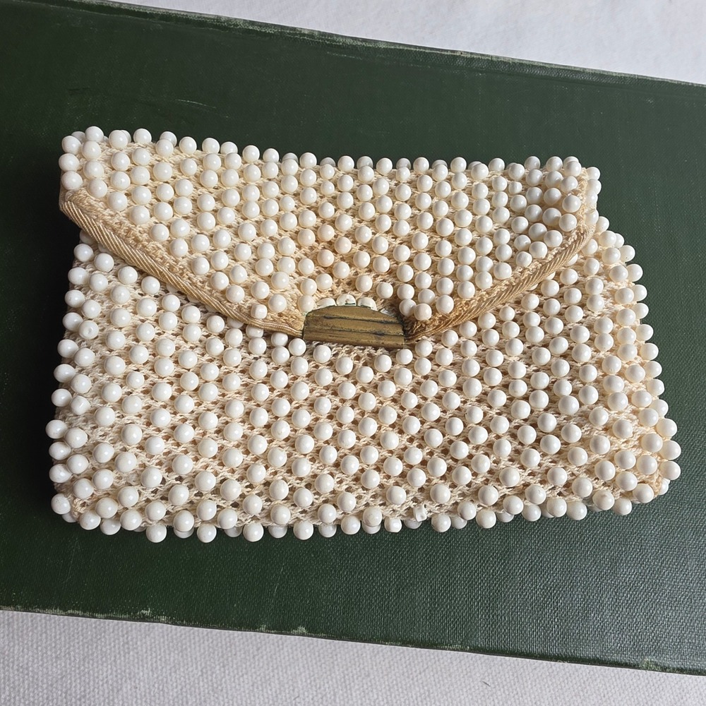 Vintage 1950s White Beaded Clutch Cream Crochet Evening Bag Brass Snap Closure